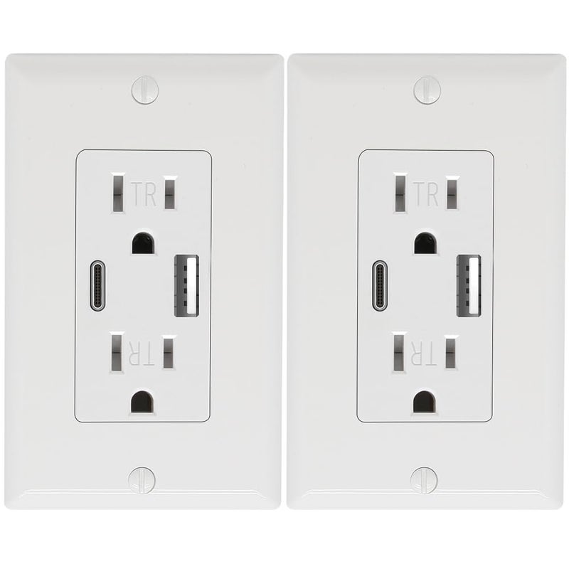 POWAWINI عبوة 2 - مخرج حائط 15 أمبير، مدرج من UL، منفذ USB C و USB A، اختبار ذاتي مع مؤشر LED، مقبس مقاوم للتلاعب مع لوحات حائط مزخرفة وبراغي (أبيض) - Image 1
